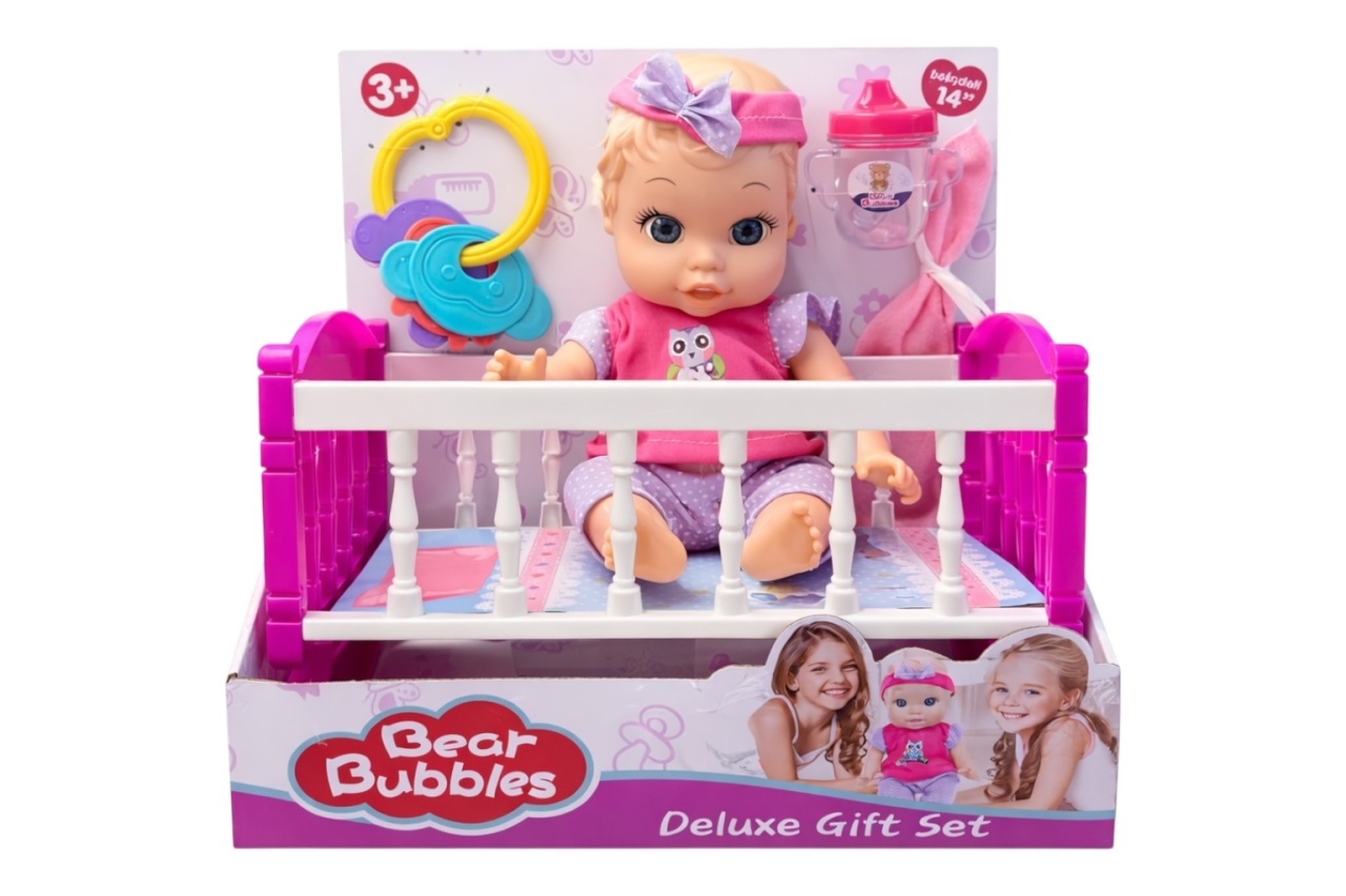 Set complet păpușă bebeluș Bear Bubbles cu pătuț, accesorii incluse, plastic/textil, 14 inch 2