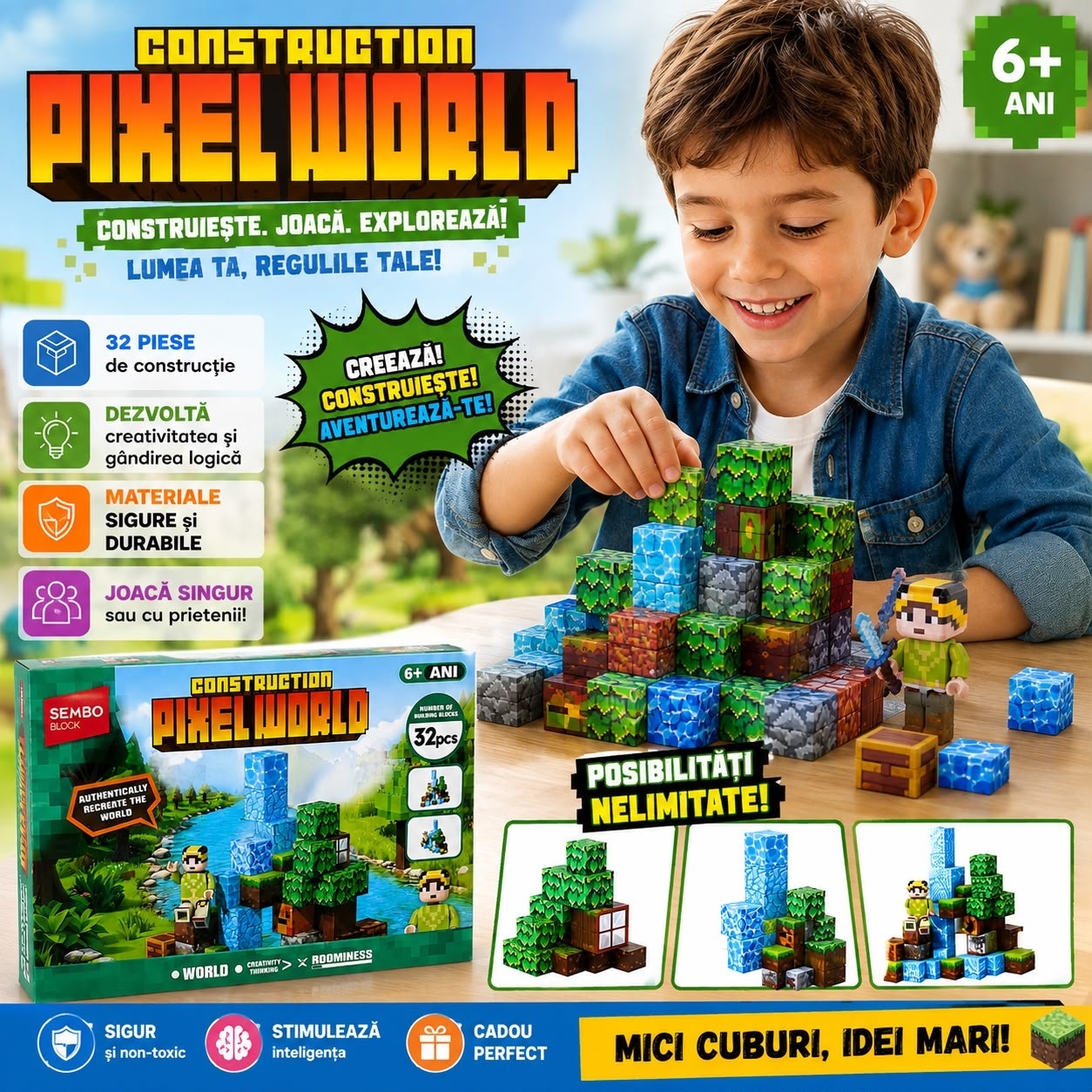 Set Constructie Cuburi Magnetice Pixel World 32 Piese – Joc de Construcție Magnetic, Blocuri Creative pentru Copii, model aleatoriu