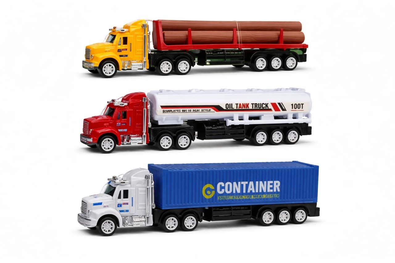 Set cu 3 camioane jucarie copii, transport lemne, cisterna si container, 24x22.5 cm 2