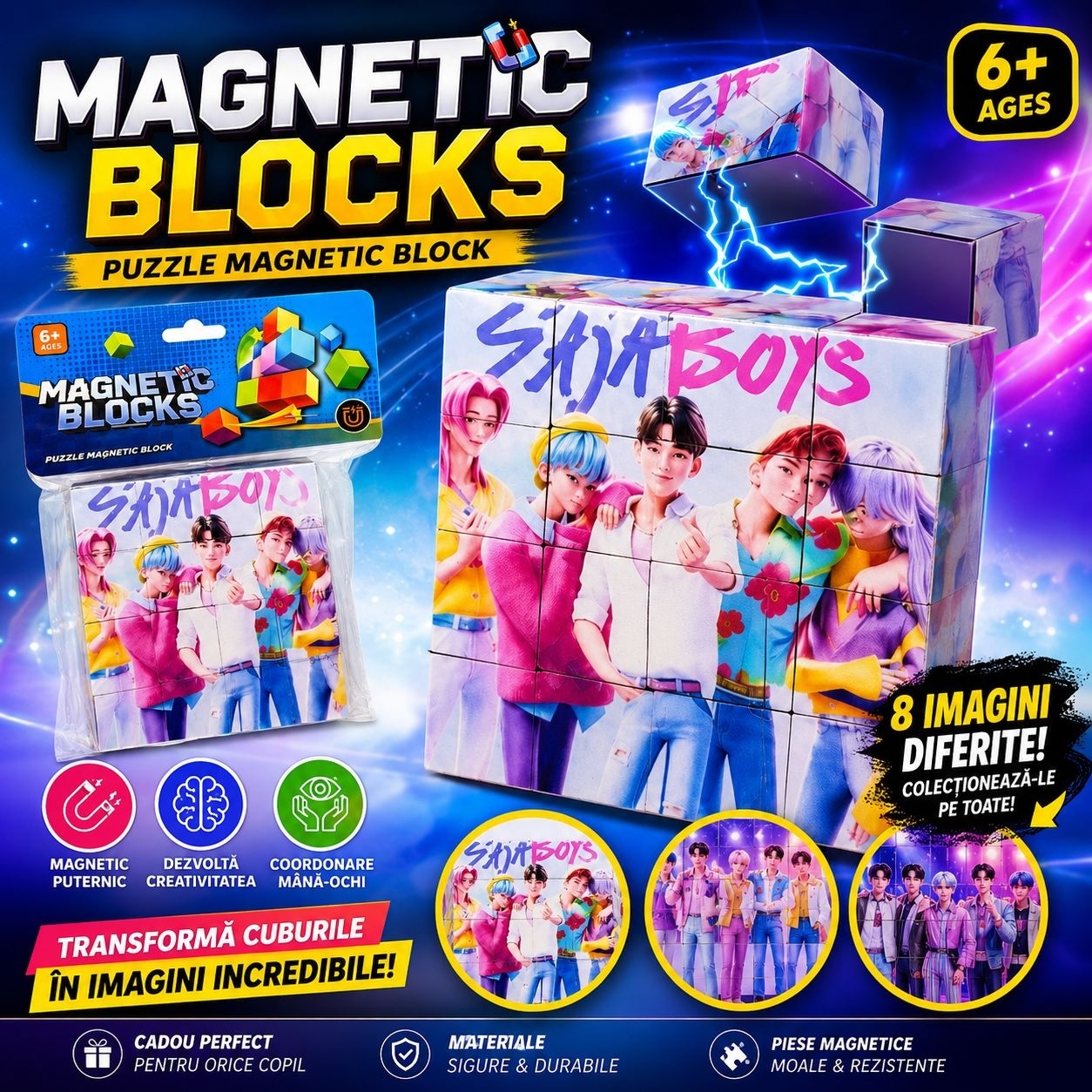 Set Cuburi Magnetice Puzzle 3D, 8 Cuburi Magnetice cu 8 Imagini Diferite, Joc Educativ pentru Copii 2