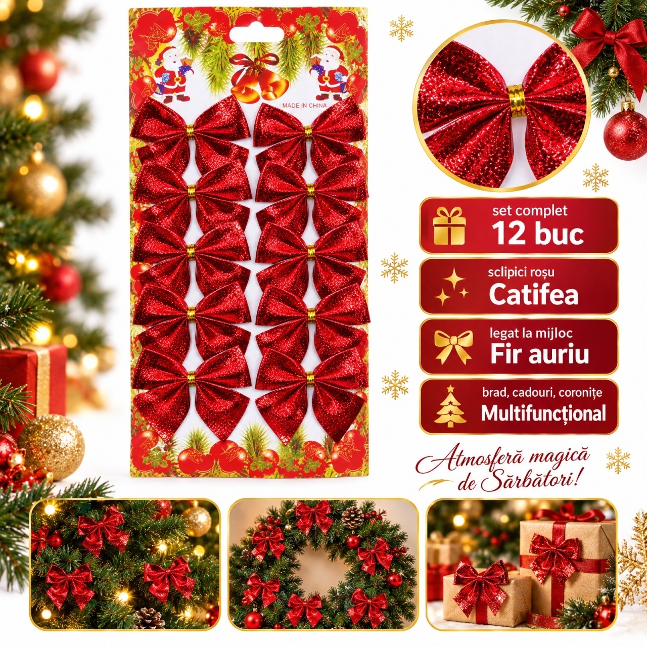 Set de 12 fundițe decorative de Crăciun, catifea sclipicioasă roșie, pentru brad