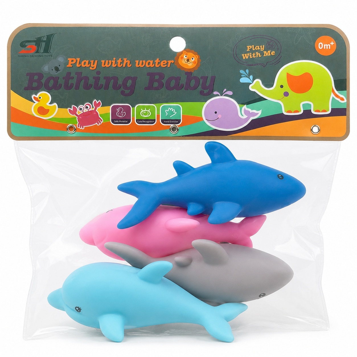 Set de 4 animalute de apa pentru baie copii, delfini si rechini colorati, 13 cm