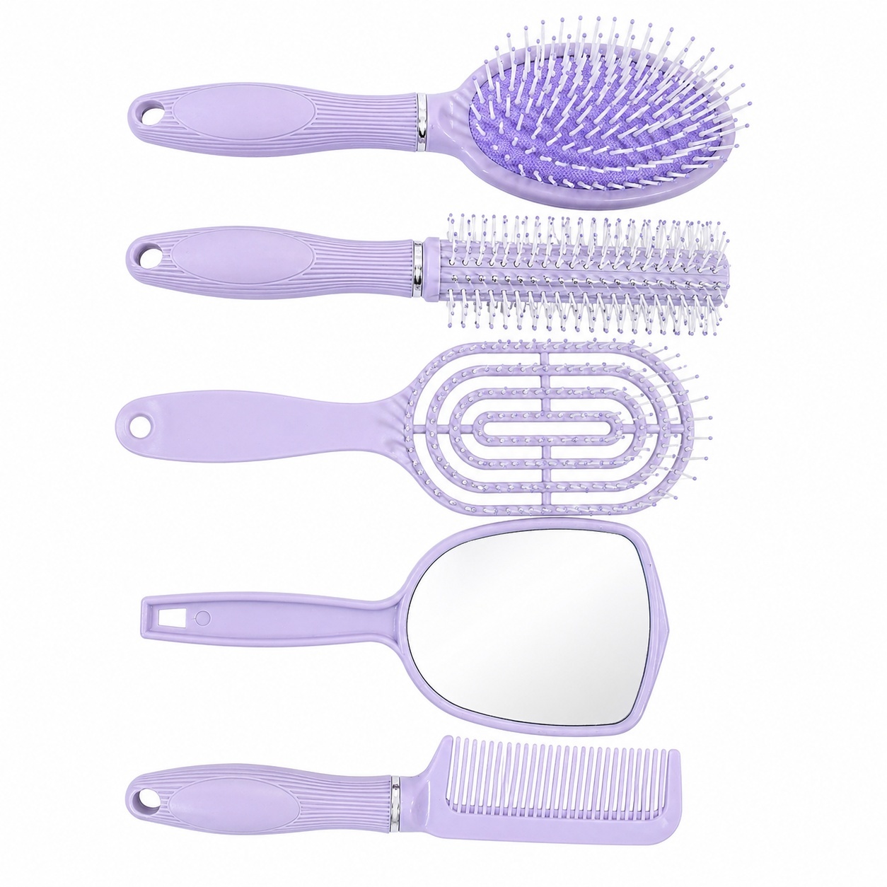 Set de 4 Perii de Păr și Oglindă cu Suport, Mov – Kit Complet pentru Coafare și Îngrijire 2