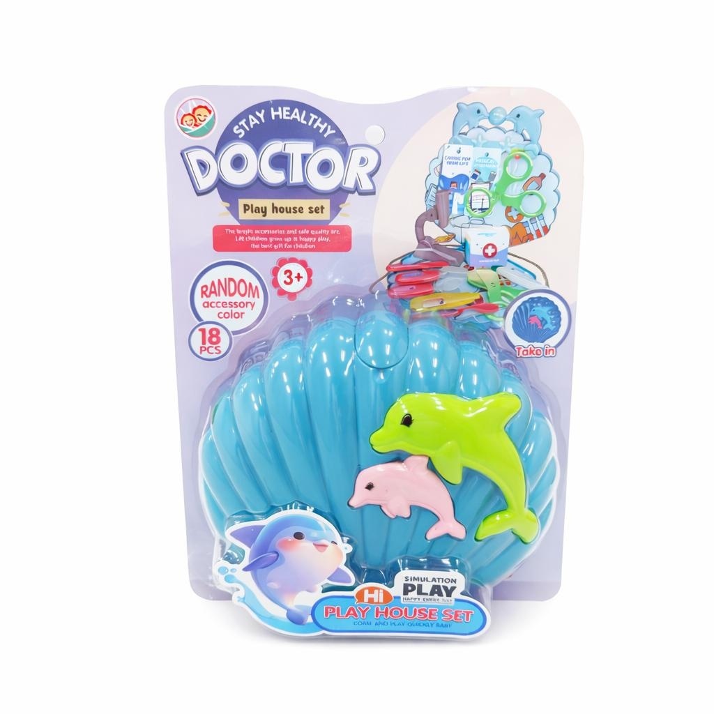 Set de joacă doctor albastru cu temă delfin din plastic, trusă doctor cu accesorii interactive 2