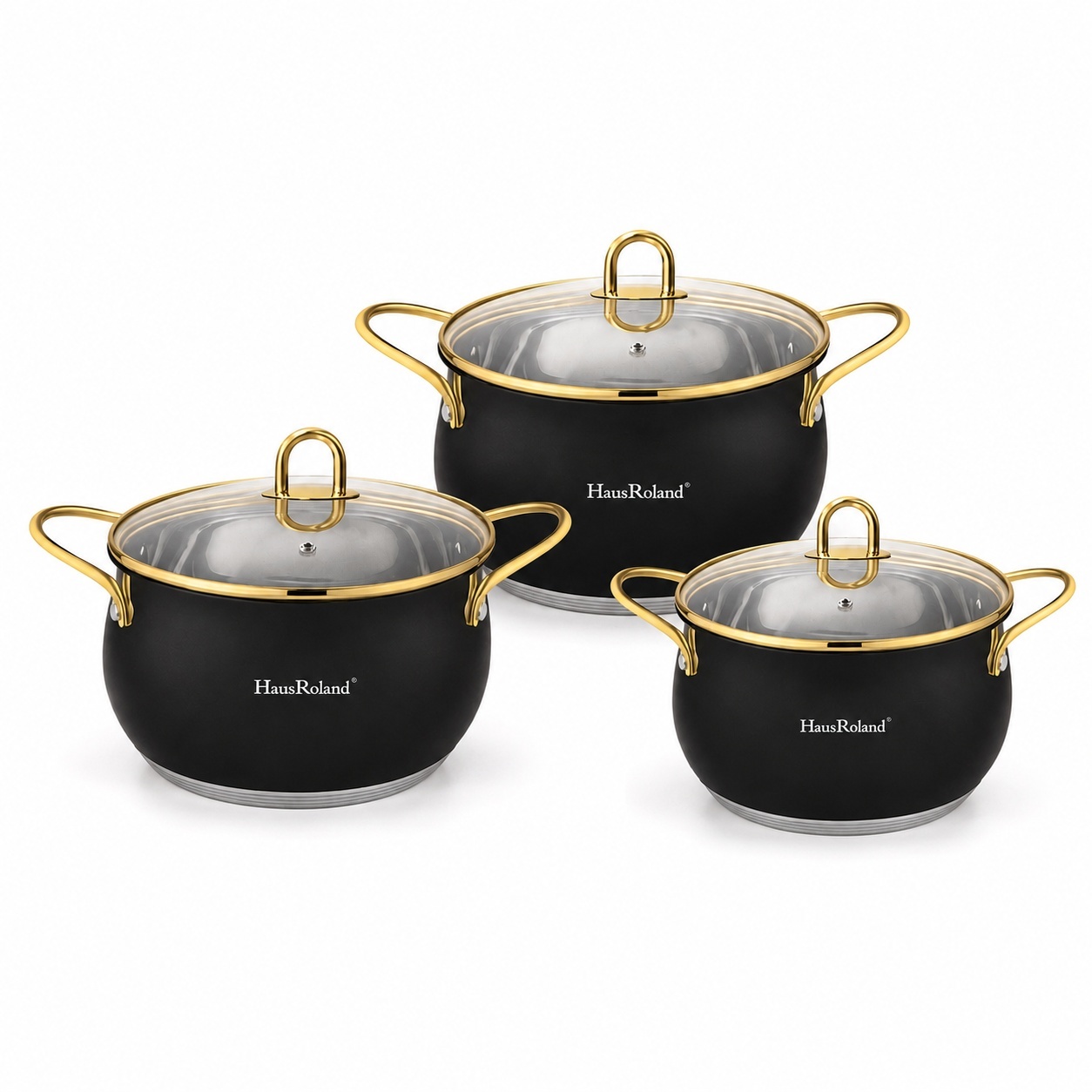 Set oale inox HausRoland 6 piese negre cu auriu, capace sticla, 2.6L–6.1L 2
