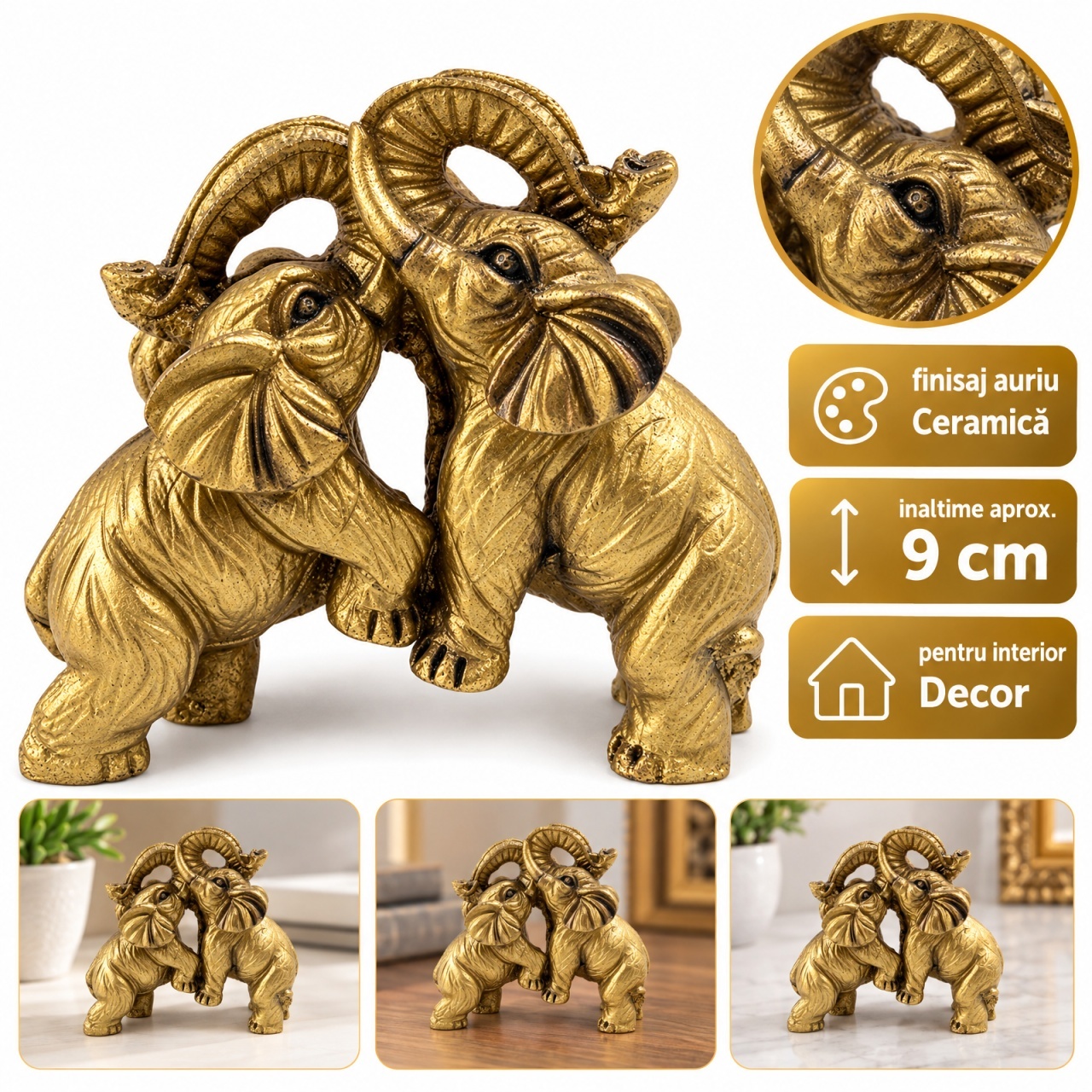 Statuetă decorativă cu doi elefanți, ceramică aurie, aprox. 9 × 9,5 cm