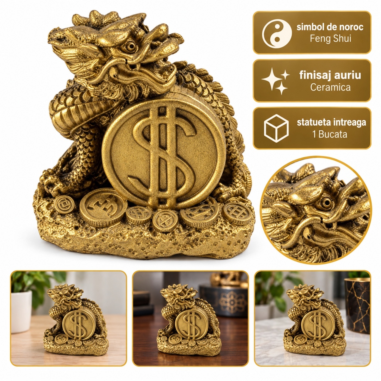 Statuetă feng shui dragon cu monedă norocoasă, ceramică aurie, aprox. 9 × 8 cm