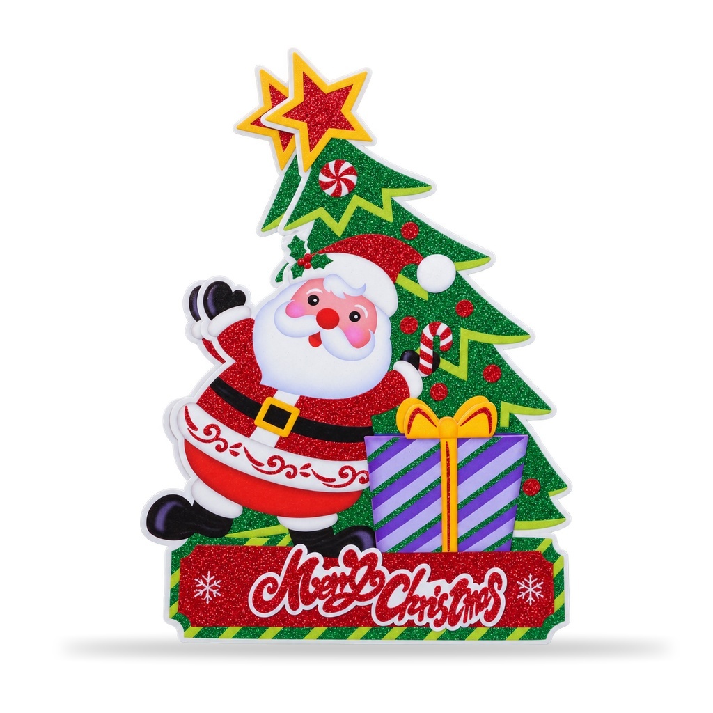 Sticker decorativ de Craciun cu Mos Craciun si brad, glitter, pentru geam si perete 45x30cm