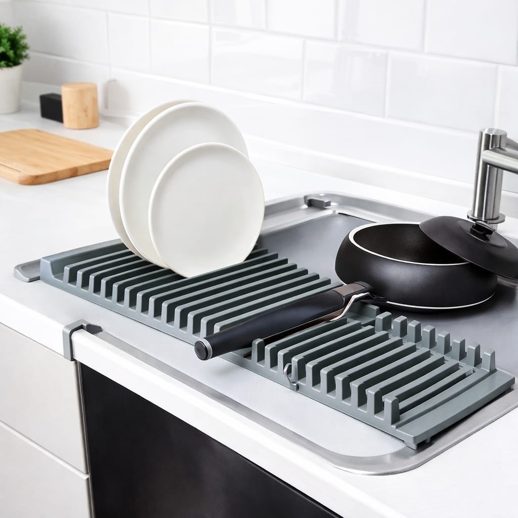 Suport multifuncțional pentru vase din plastic, culoare neutră, ideal pentru uscare vase 2