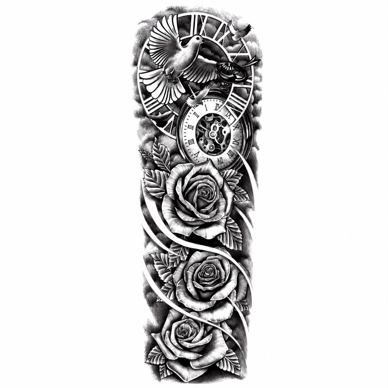 Tatuaj Semipermanent cu Porumbel, Ceas și Trandafiri – 45 cm
