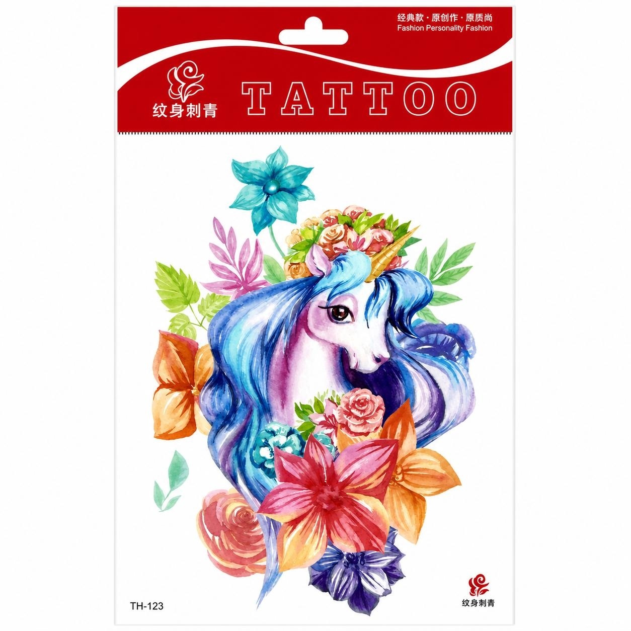 Tatuaj Temporar Semipermanent Unicorn Floral Colorat – 20 cm, Rezistent la Apă, Efect Acuarelă 1