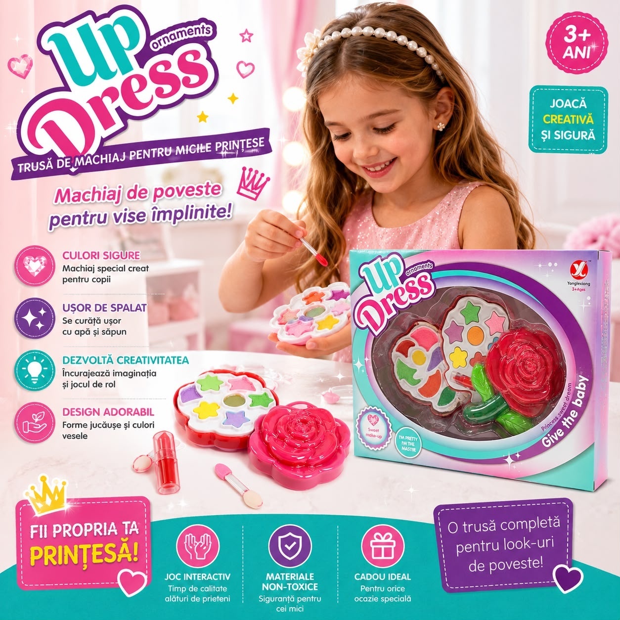 Trusă de Machiaj pentru Copii Up Dress – Set Machiaj Prințesă cu Farduri, Ruj și Accesorii, 3+ Ani 2