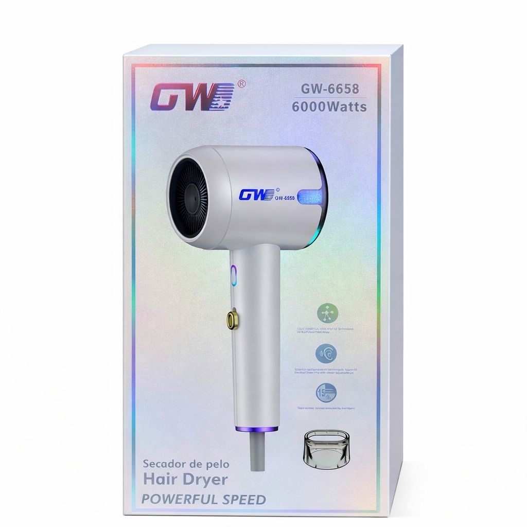 Uscător profesional de păr GW-6658, 6000W, cu tehnologie ionică și flux de aer puternic – Hair Dryer Powerful Speed, Argintiu 2