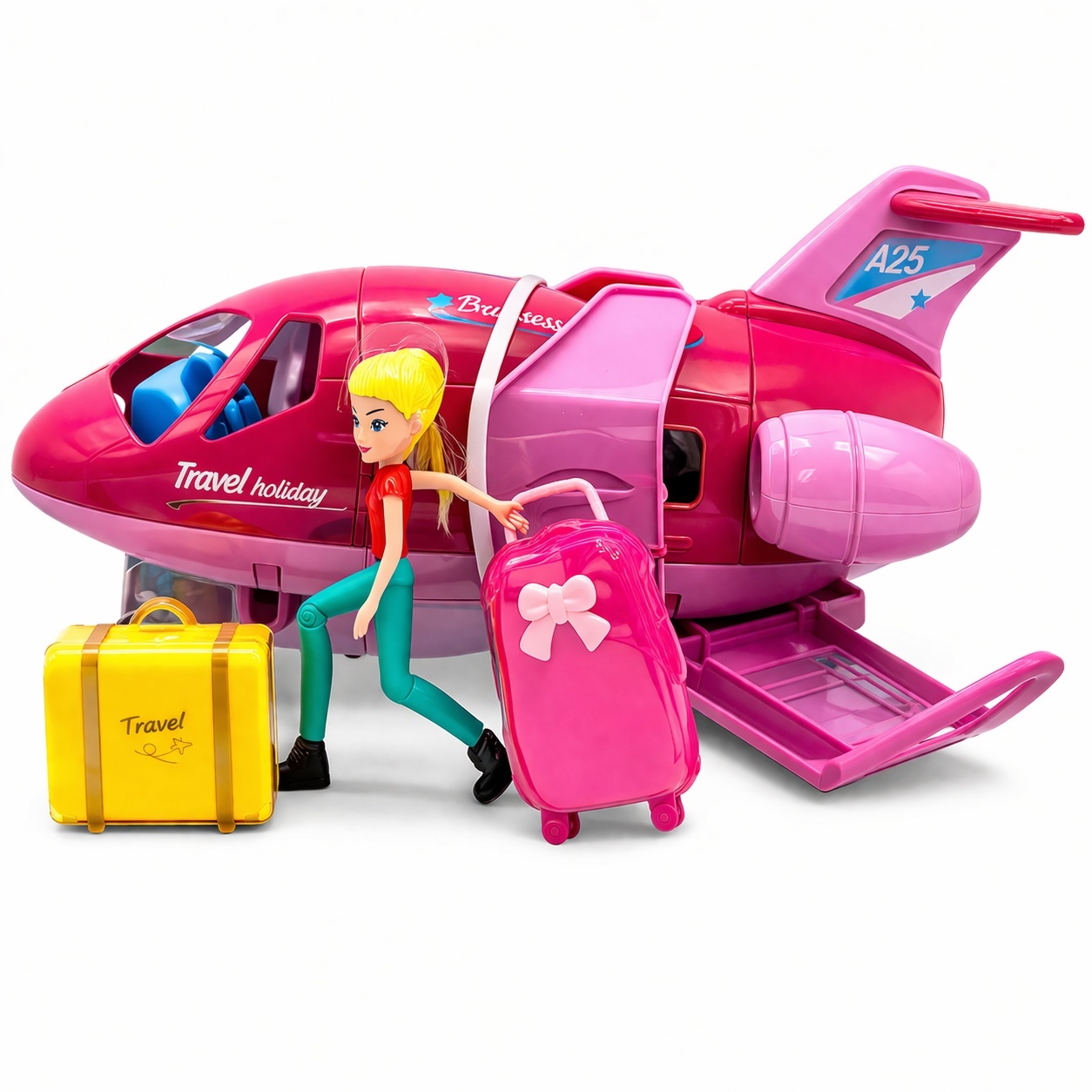 Avion jucarie roz cu papusa si accesorii travel, set interactiv 29x17 cm 2