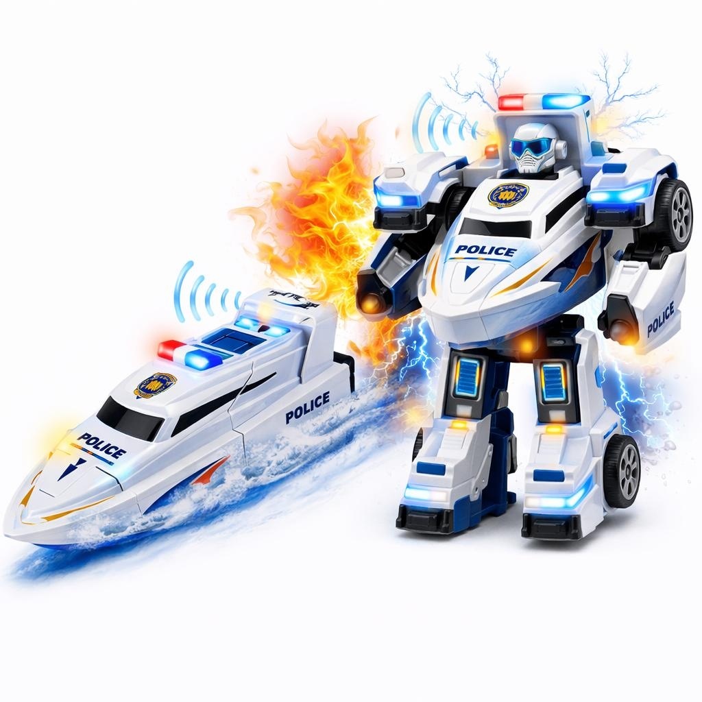 Barca politie 2 in 1 transformabila robot, lumini si sunet, jucarie copii 3+ 3