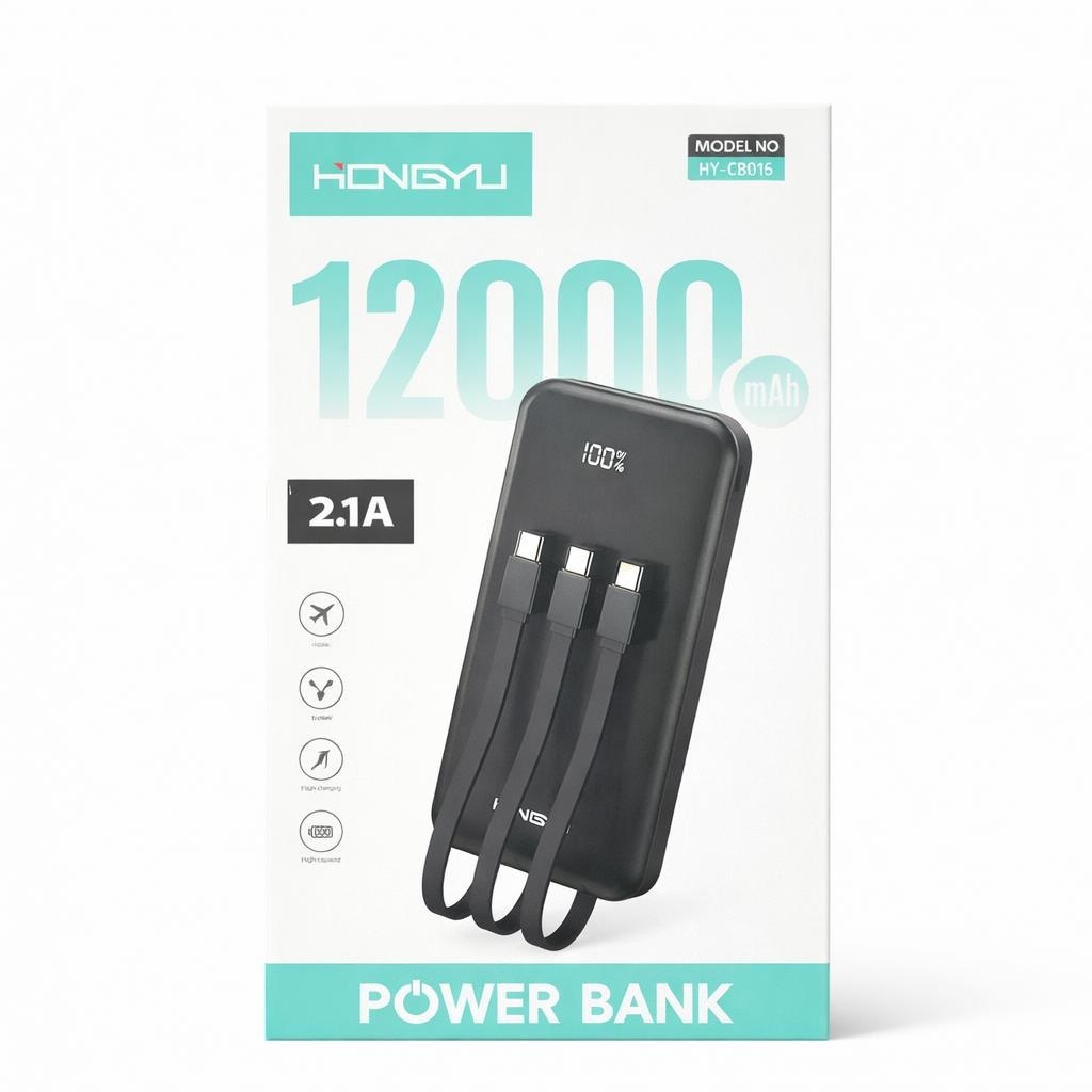Baterie externă Hongyu 12000 mAh cu cabluri integrate și display LED, încărcare rapidă 2.1A, negru 2
