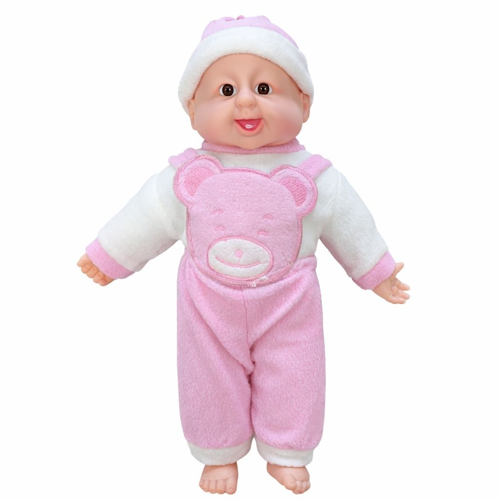 Bebelus adorabil interactiv 45 cm, rade, costum roz cu ursulet, +3 ani