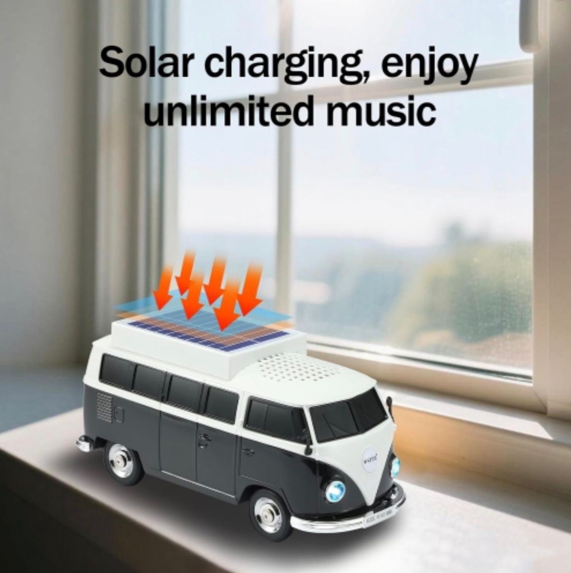 Boxă portabilă Bluetooth WSTER în formă de microbuz retro, cu încărcare solară, negru 3