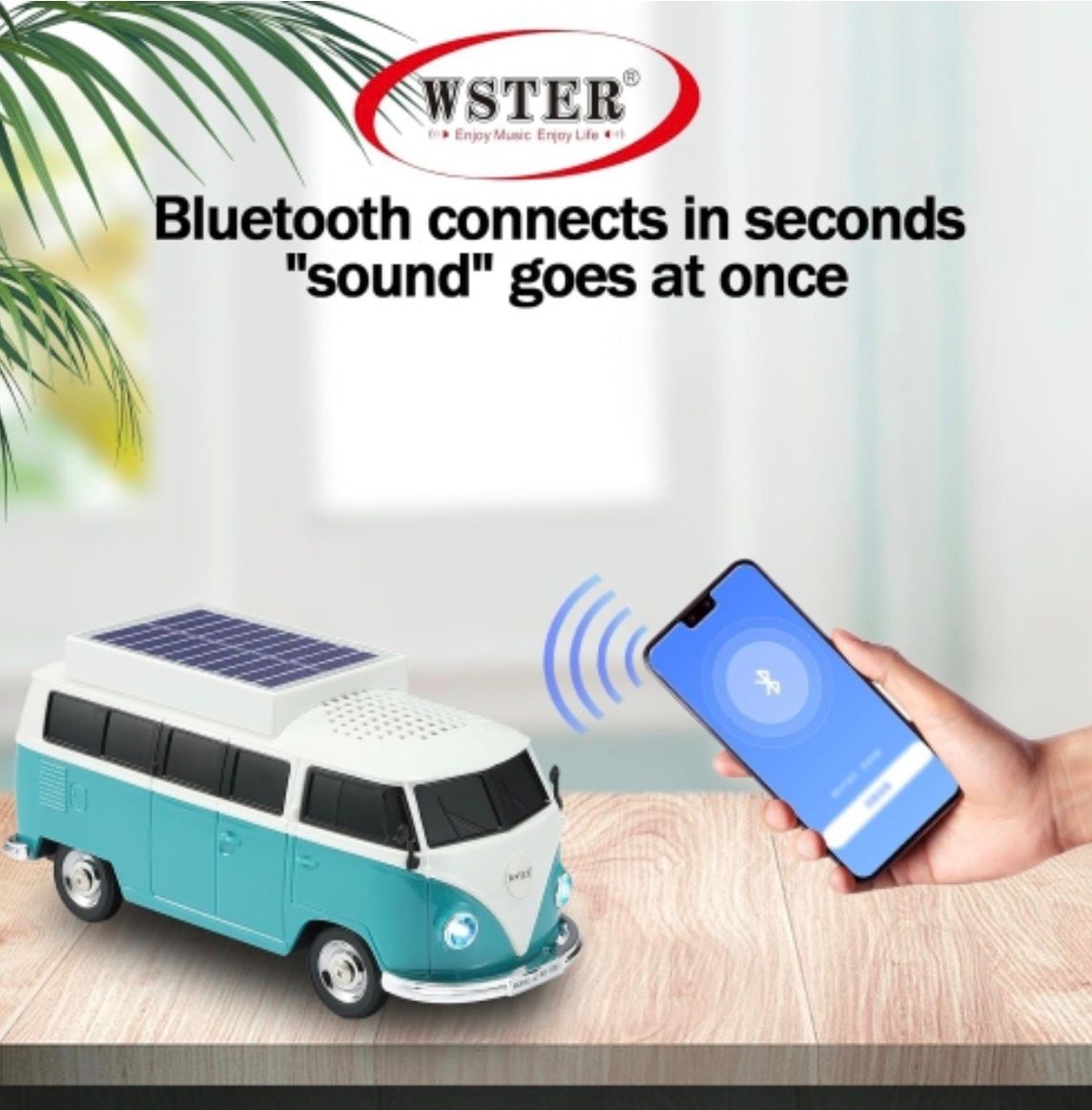 Boxă portabilă Bluetooth WSTER în formă de microbuz retro, cu încărcare solară, turcoaz 2