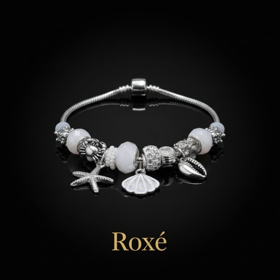 Bratara dama ROXE argintie cu charmuri marine si pandantive elegante, model chic 2