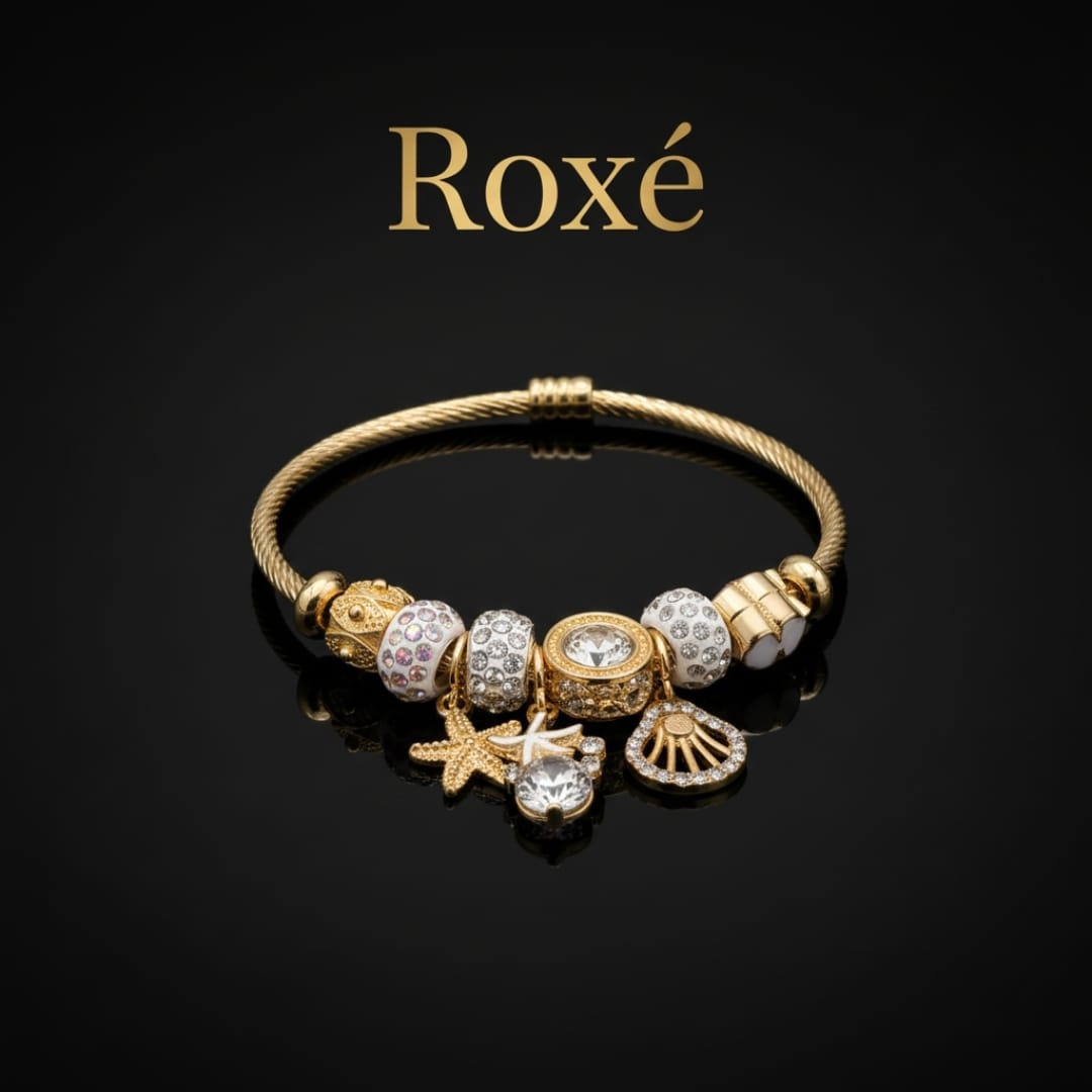 Bratara dama ROXE aurie cu charmuri marine si cristale, model elegant fashion 2