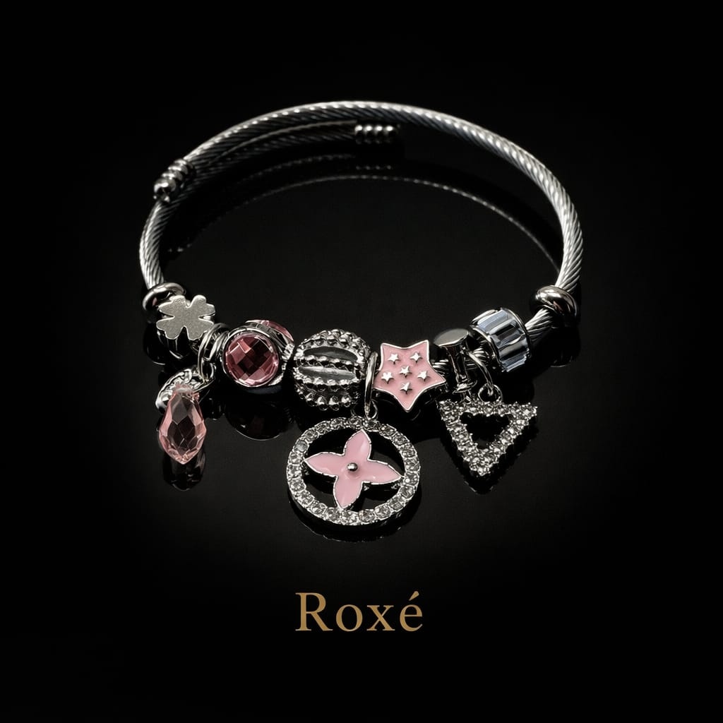 Bratara ROXE argintie cu charmuri elegante si cristale culori mixte 2