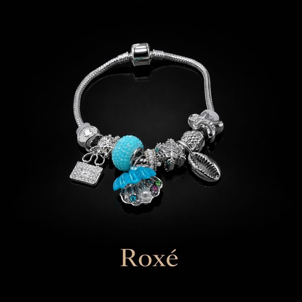 Bratara ROXE argintie cu melc scoica cu perla si fulg de nea charmuri elegante 5