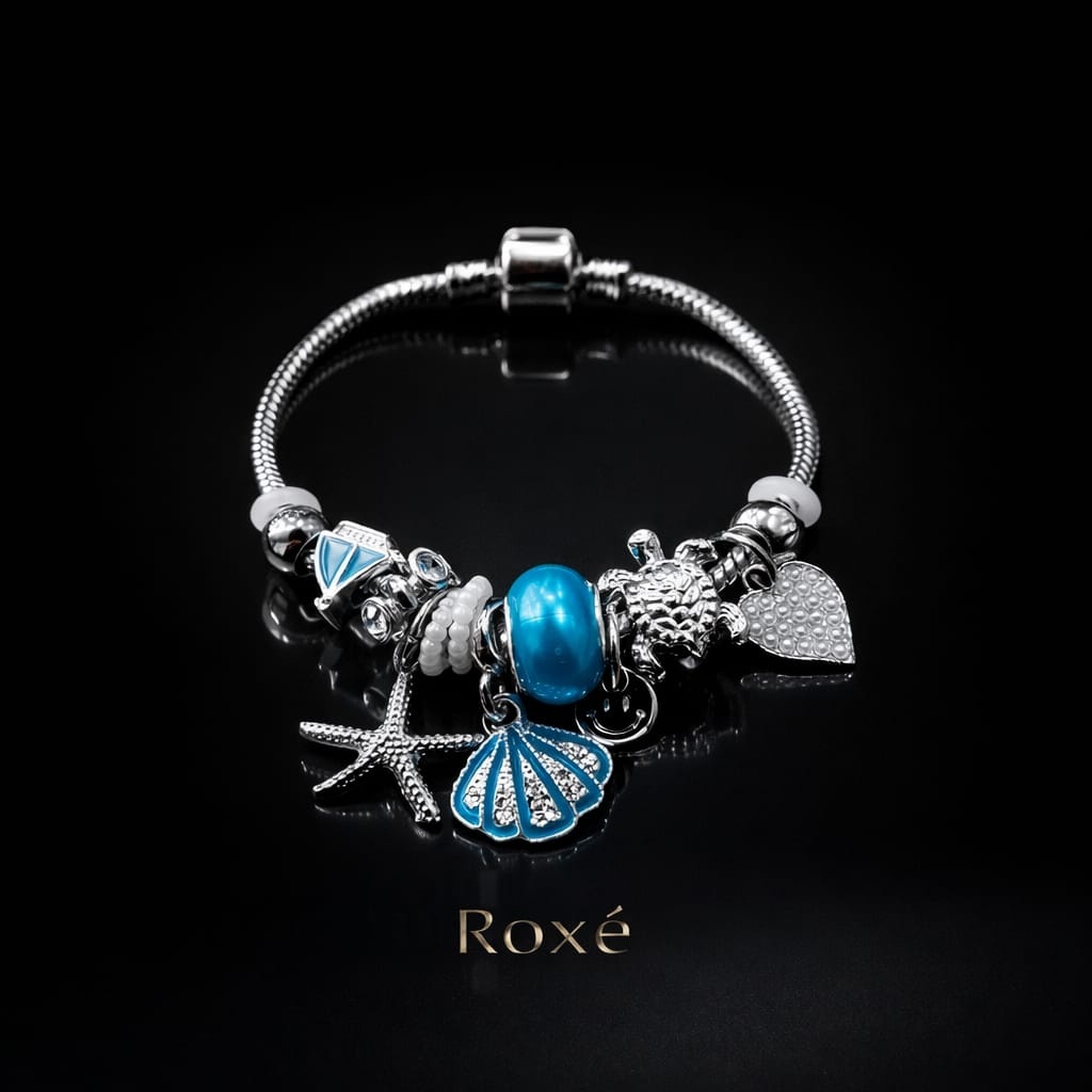 Bratara ROXE argintie cu stea de mare scoica si testoasa charmuri elegante 2