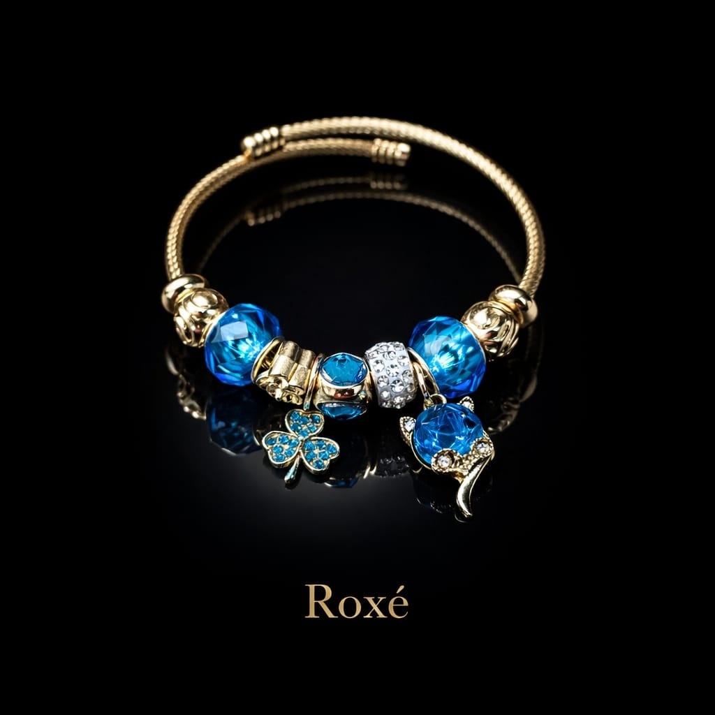 Bratara ROXE aurie cu pisicuta si trifoi charmuri elegante dama cadou stil modern 3