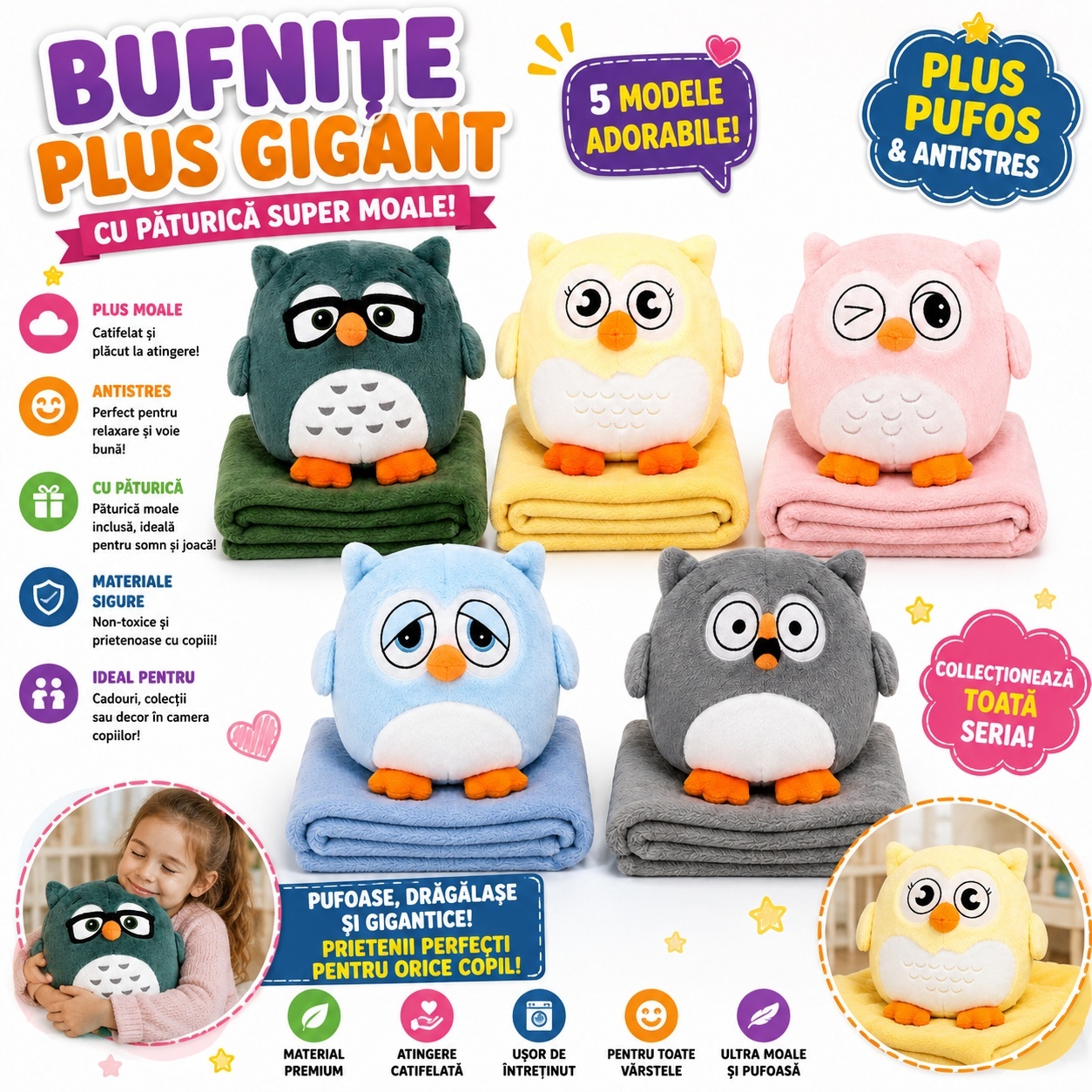 Bufnita de Plus cu Paturica, 30cm, Jucarie Pufoasa si Moale, Model Aleatoriu pentru Copii 2