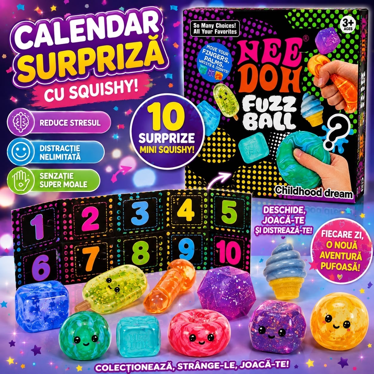Calendar Surpriză cu Mini Squishy Antistres, 10 Modele Surpriză, Jucării Senzoriale pentru Copii 3+