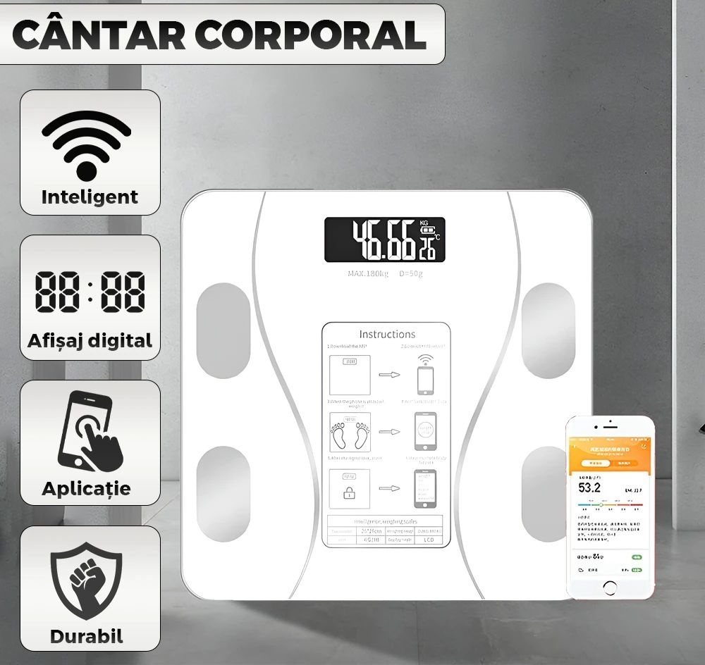 Cântar inteligent cu conectivitate app, analizator corporal digital, sticlă și plastic, alb 2