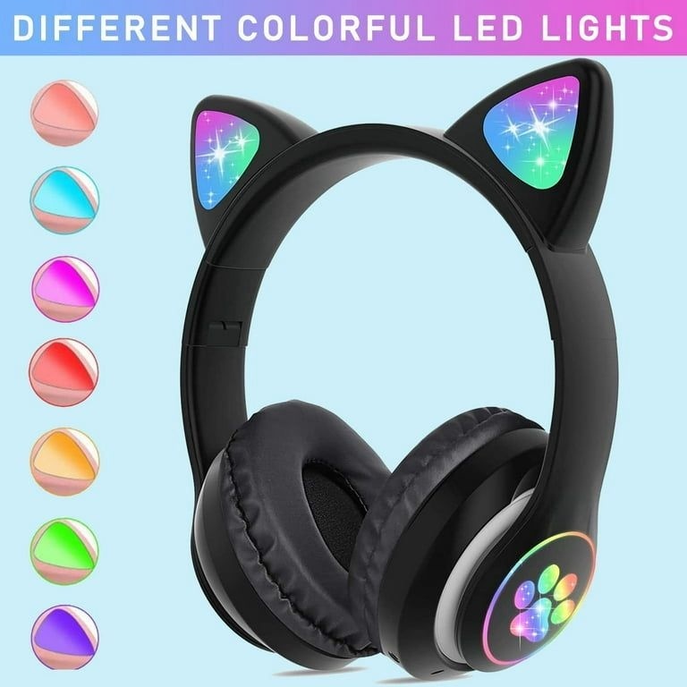 Căști wireless cu urechi de pisică și lumini LED, design ergonomic, Negru 3