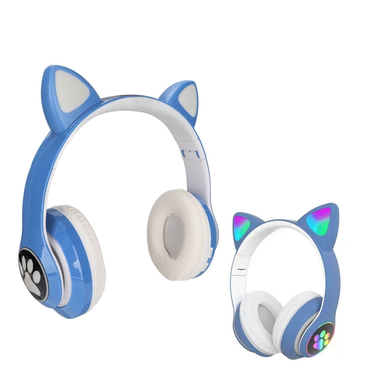Căști wireless cu urechi de pisică și lumini LED, design ergonomic, Albastru 4