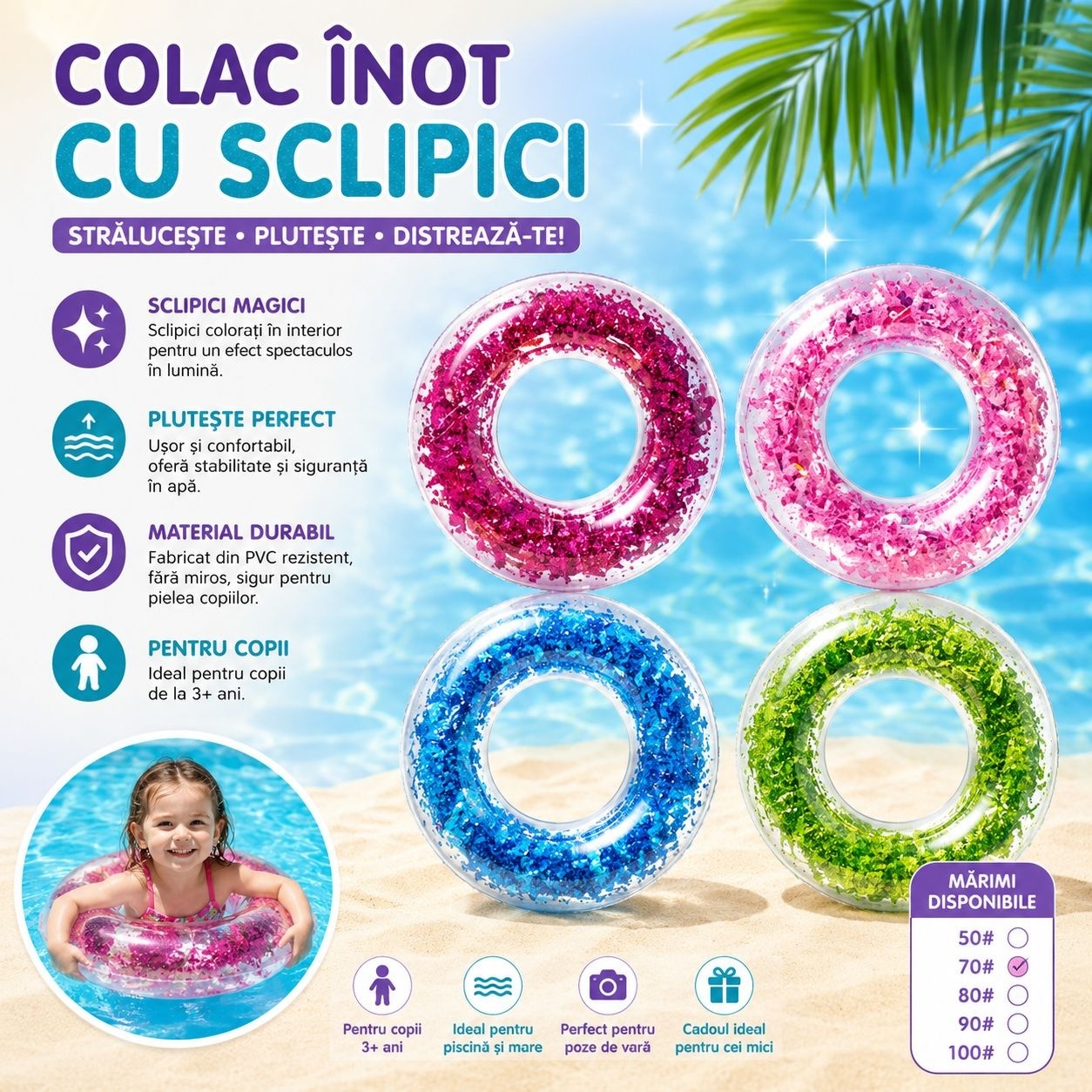 Colac Gonflabil cu Sclipici 80 cm – Verde, Inel de Înot pentru Copii și Adulți 2