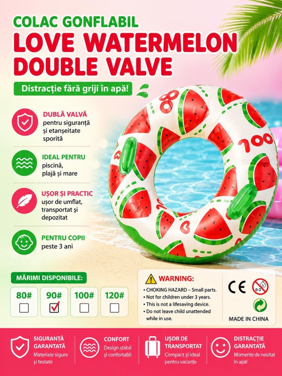 Colac gonflabil pepene verde pentru copii, 90 cm, cu manere, ideal piscina si mare 2