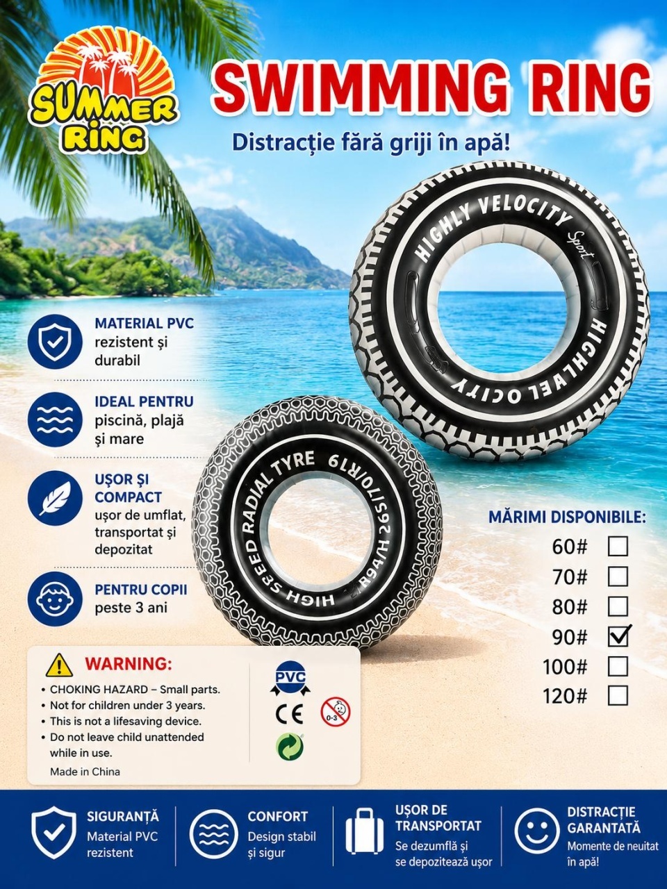 Colac gonflabil tip anvelopa 90 cm pentru piscina si plaja, design sport alb-negru 2