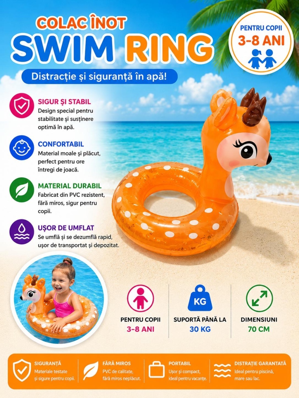 Colac gonflabil tip căprioară pentru copii, 70 cm, cu paiete, ideal pentru piscină și joacă în apă 2