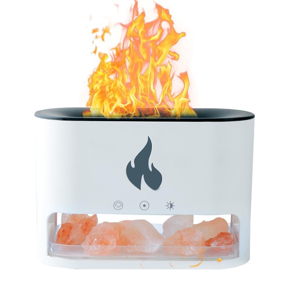 Difuzor aromaterapie flacara LED cu sare Himalaya, umidificator aer silentios USB, alb
