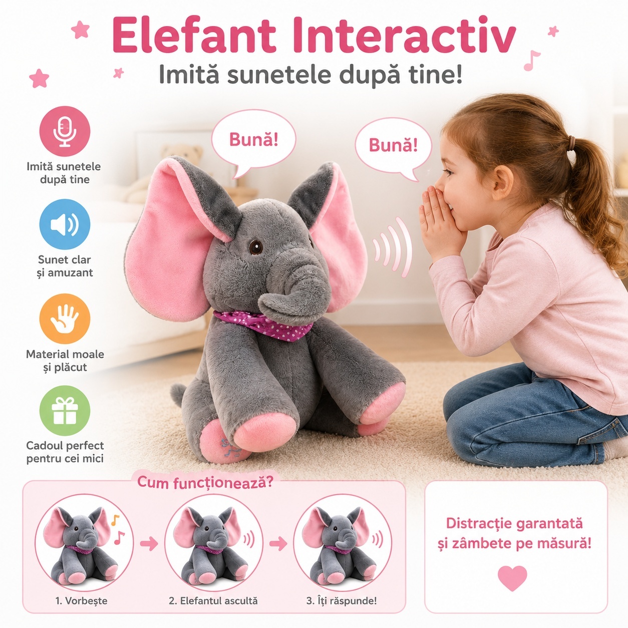 Elefant de plus interactiv cu urechi roz, 30cm, , repeta si imita sunete copii 2