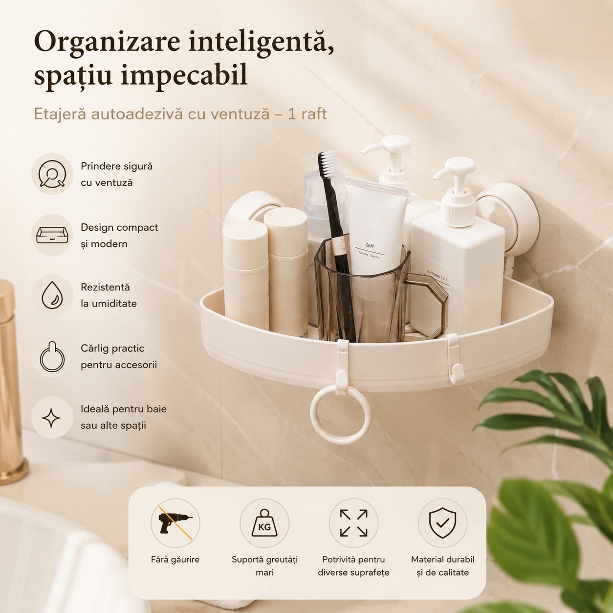Etajera colt cu 1 raft si ventuze, suport depozitare baie sau bucatarie 5