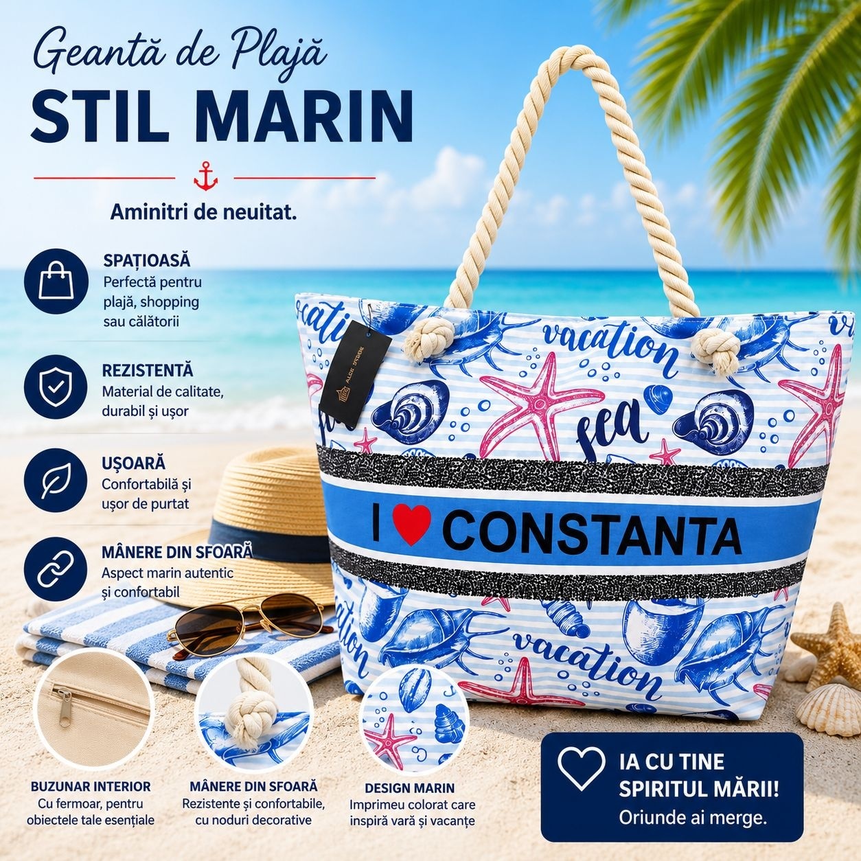 Geantă Mare de Plajă I Love Constanța – Geantă Stil Marin cu Mânere din Sfoară 2