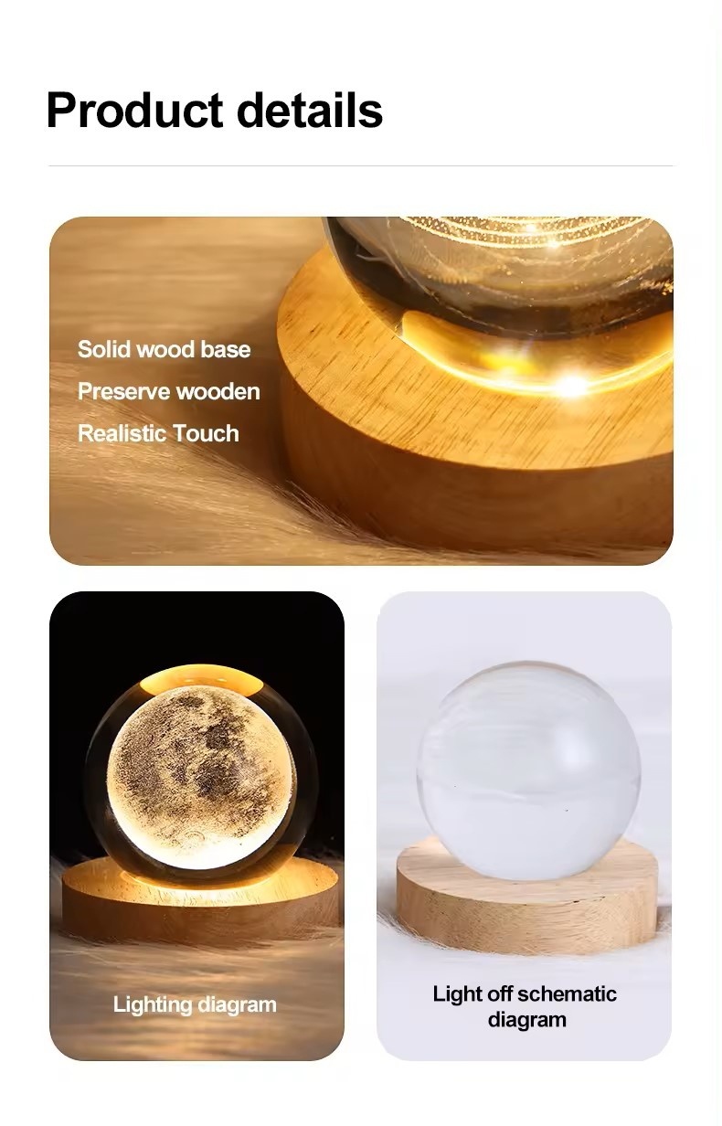 Glob Cristal 3D Luna 8 cm, cu LED si Baza Lemn, Lampa Decor Astronomica 4