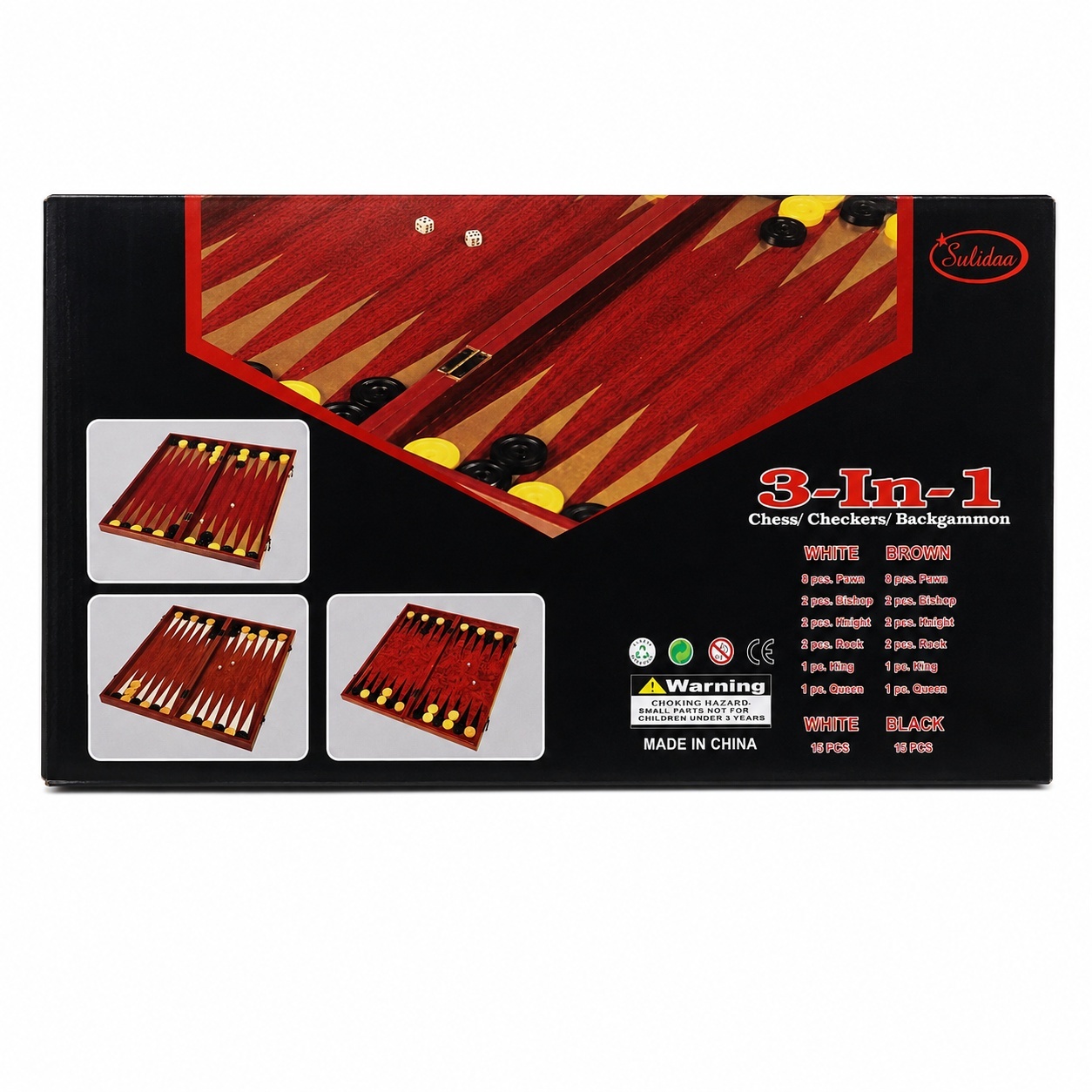 Joc 3 in 1 Sah, Table si Dame din Lemn maro inchis 50x40 cm Set Complet pentru Familie 2