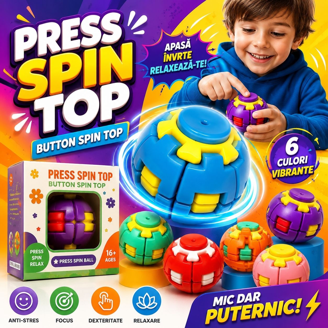 Jucărie Antistres Press Spin Top – Minge Fidget Rotativă pentru Relaxare, Focus și Dexteritate 2