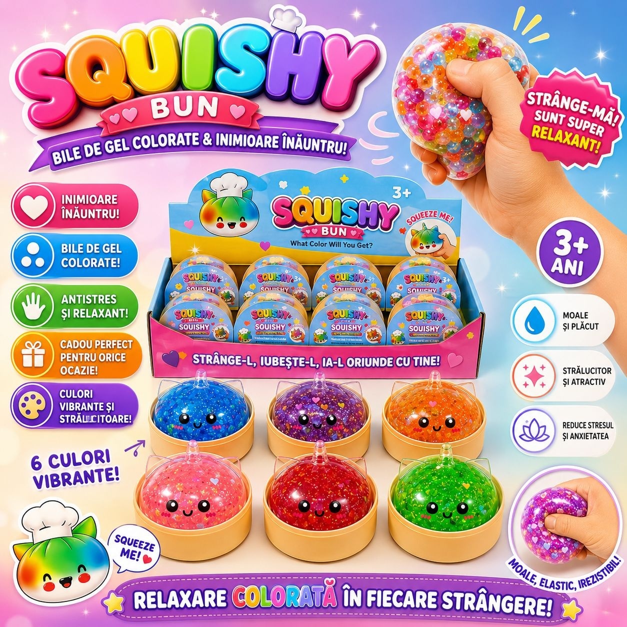Jucărie Antistres Squishy Dumpling Unicorn cu sclipici si bile din gel , 8.5 cm – Jucărie Senzorială pentru Copii 3