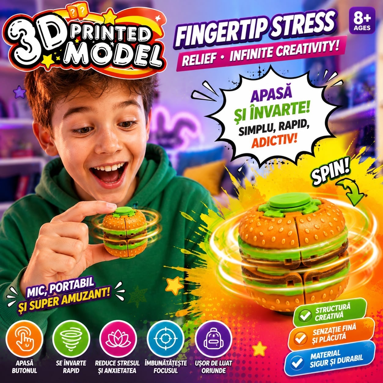 Jucărie Spinner Antistres Hamburger 3D, Fingertip Stress, Fidget Toy Rotativ cu Buton, pentru Copii și Adulți