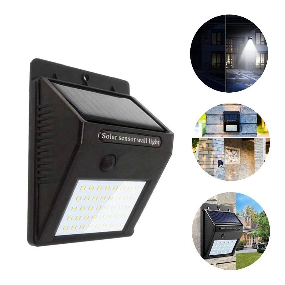 Lampă solară LED de perete din plastic, neagră, cu senzor PIR și senzor de noapte CDS