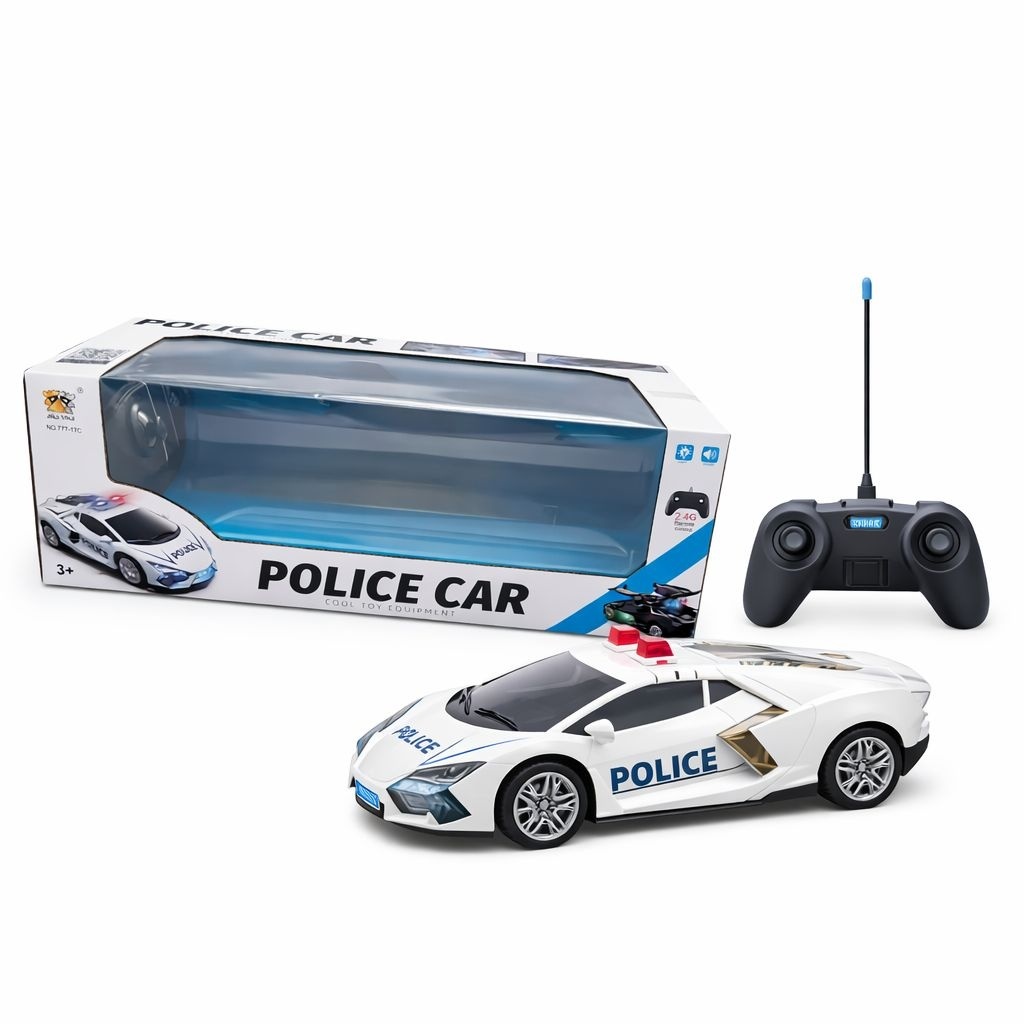Masina politie RC alba cu usi si capota deschidere, lumini sunet, 2.4GHz, acumulator 4
