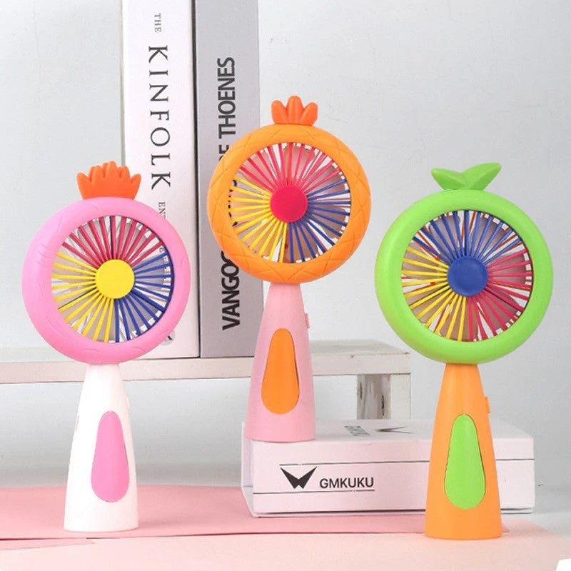 Mini ventilator portabil pentru copii, reincarcabil USB, 3 viteze, model ananas, portocaliu cu verde 3
